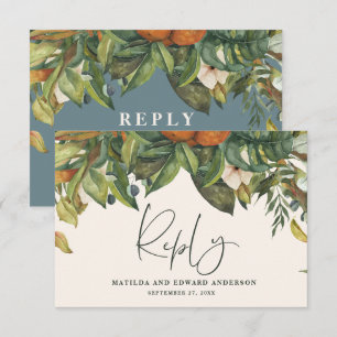 Script elegant wedding citrus botanical modern RSVP card