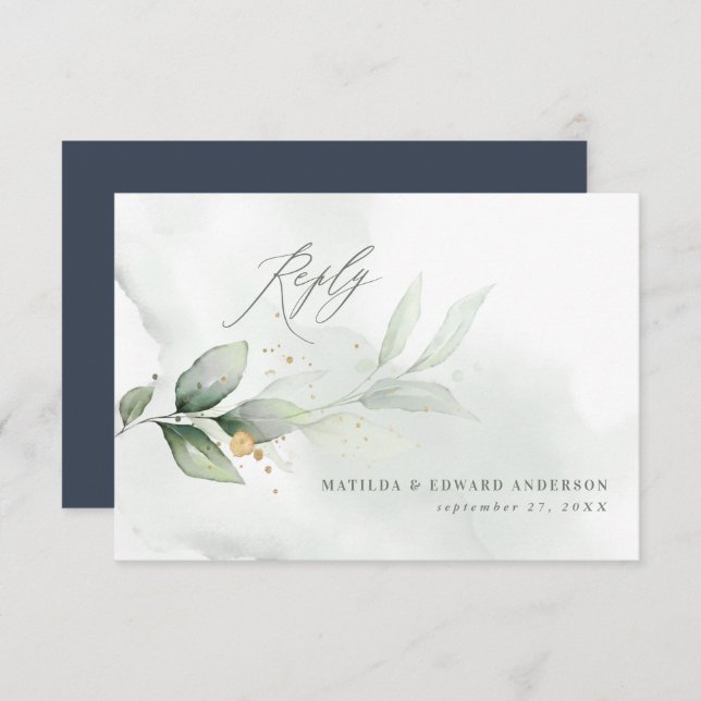 Script elegant wedding eucalyptus botanical navy RSVP card (Front/Back)