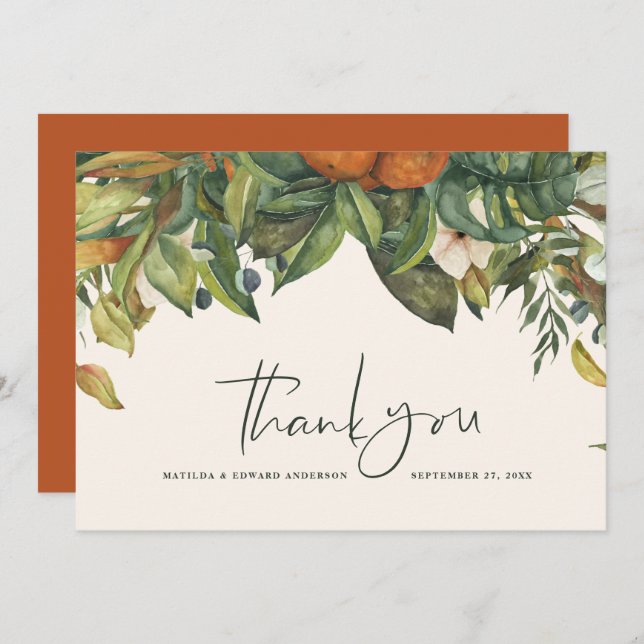 Script elegant wedding thank you citrus botanical (Front/Back)