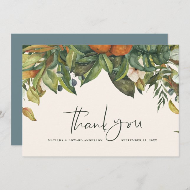 Script elegant wedding thank you citrus botanical (Front/Back)