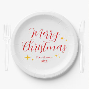 Script Elegant White Custom Merry Christmas Party Paper Plate