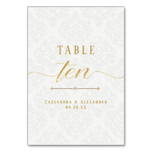 Script Elegant White Lace Gold Wedding Ten 10 Table Number