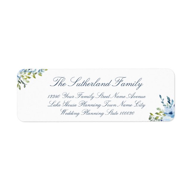 Script Family Blue White Wedding Return Address (Front)