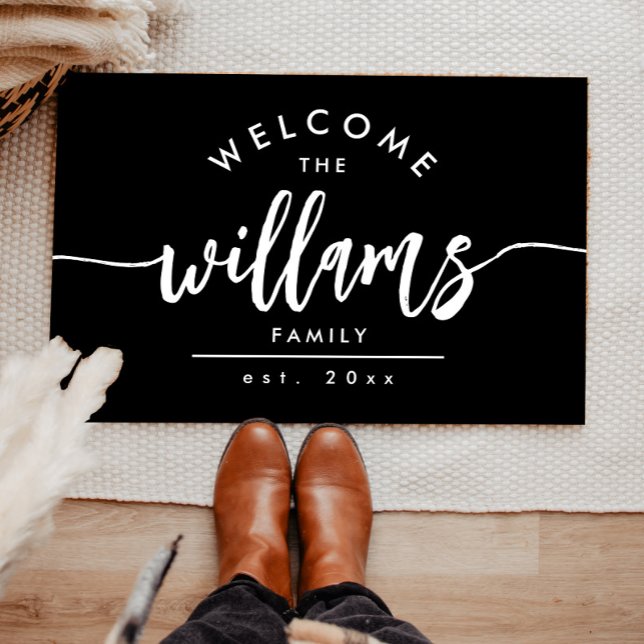 Script Family Name Modern Black Personalised Doormat (Creator Uploaded)