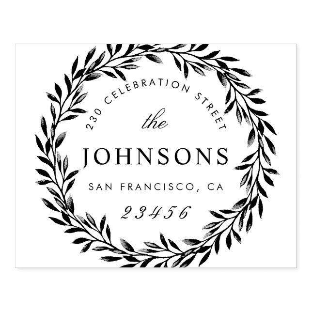 Script Family Name Return Address Botanical Wreath Rubber Stamp (Imprint)