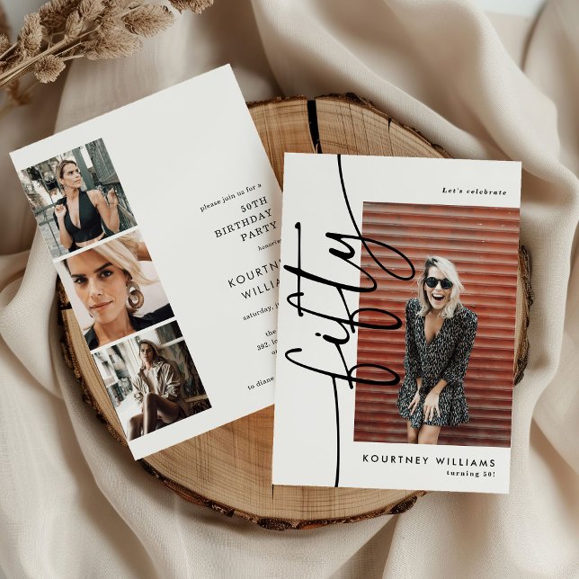 Script Fifty 4 Photo Collage 50th Birthday Invitation (Creator Uploaded)