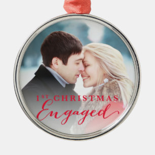 Script First Christmas Engaged Holiday Photo Metal Tree Decoration