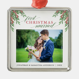 Script First Christmas Married Photo Metal Tree Decoration