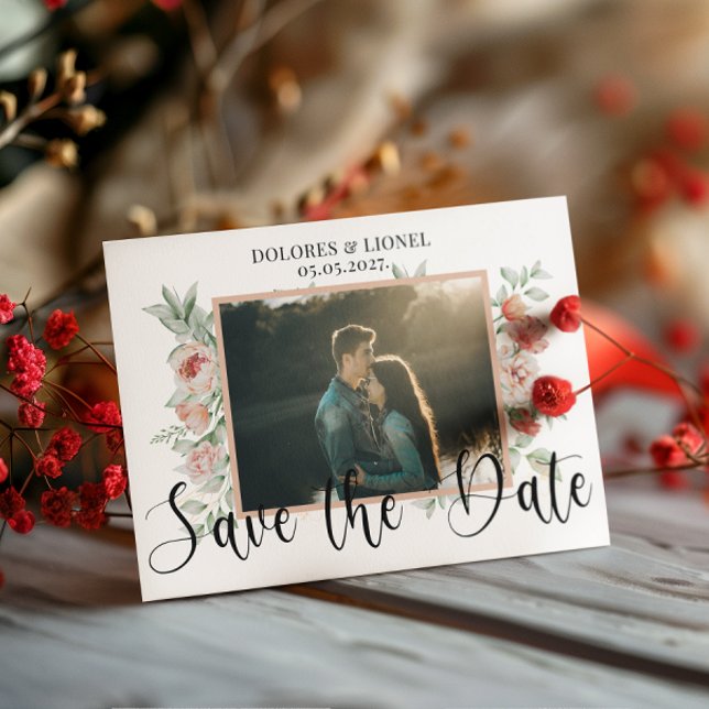 Script Floral Photo Wedding Save the date  Postcard (Creator Uploaded)