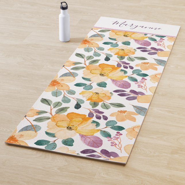 Script Floral Print Lilac Yellow Yoga Mat (In Situ)