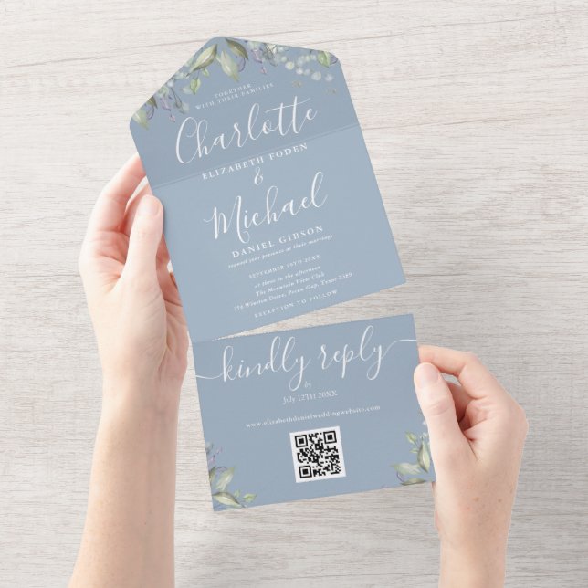Script Floral QR Code Dusty Blue Wedding  All In One Invitation (Tearaway)
