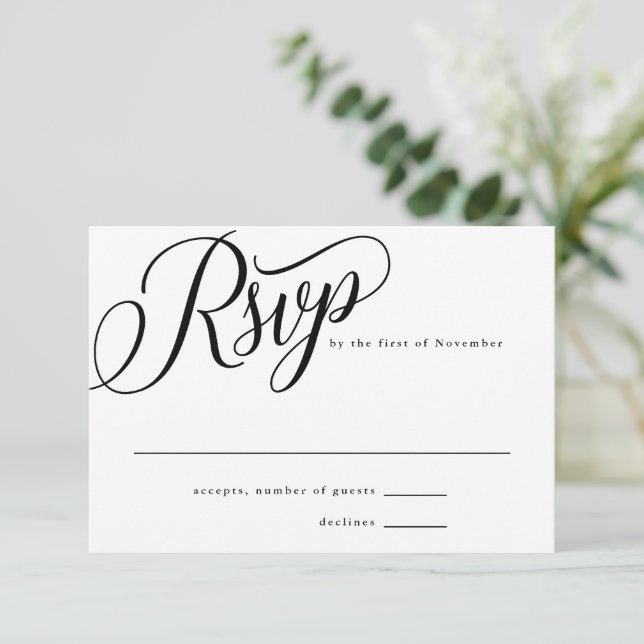 Script Flourish Modern Black Reply RSVP Card (Standing Front)