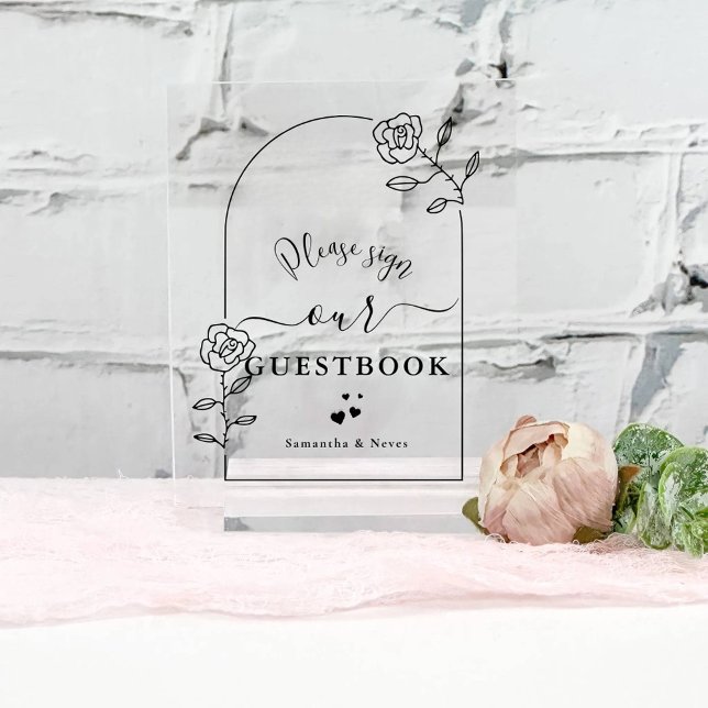 Script Flowers Arch Custom Wedding Guestbook  Acrylic Sign (Creator Uploaded)
