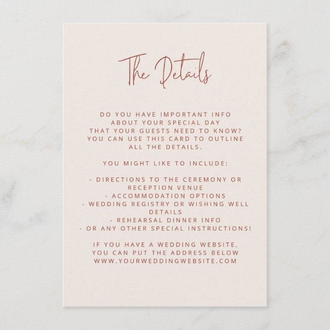 Script Font Modern Wedding Terracotta & Cream Enclosure Card (Front)