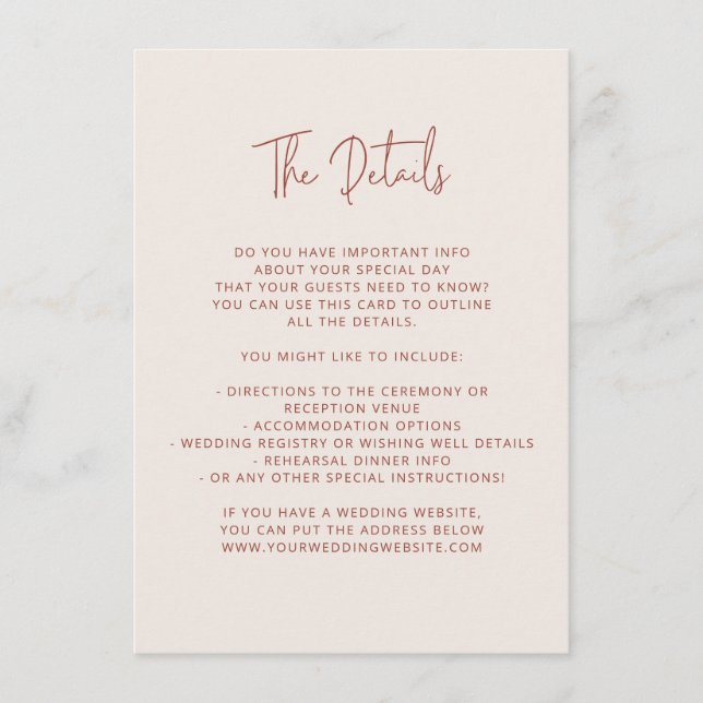 Script Font Modern Wedding Terracotta & Cream Enclosure Card (Front)