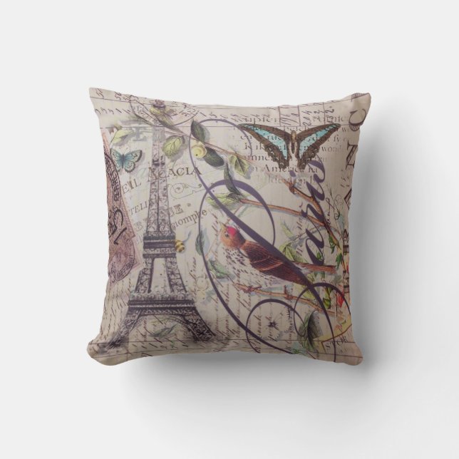 Script French country butterfly Paris Eiffel Tower Cushion (Front)
