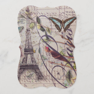Script French country butterfly Paris Eiffel Tower Invitation