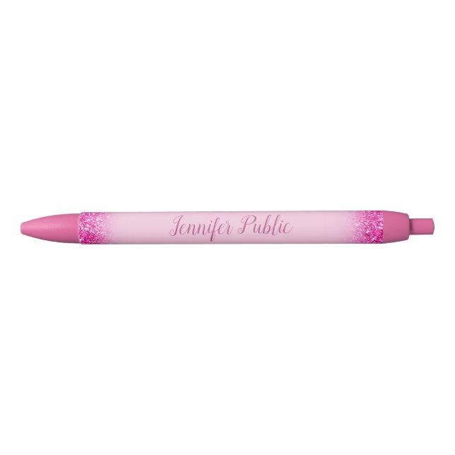 Script Girly Pink Glitter Template Personalised Black Ink Pen (Front)