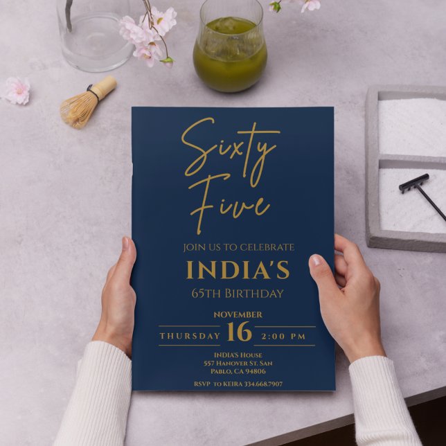 Script Gold & Blue 65th Birthday party Invitation (Creator Uploaded)