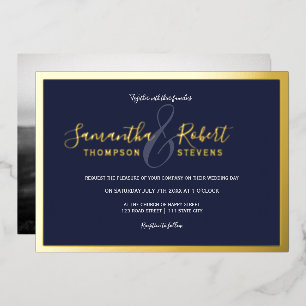 Script gold border navy blue photo wedding
