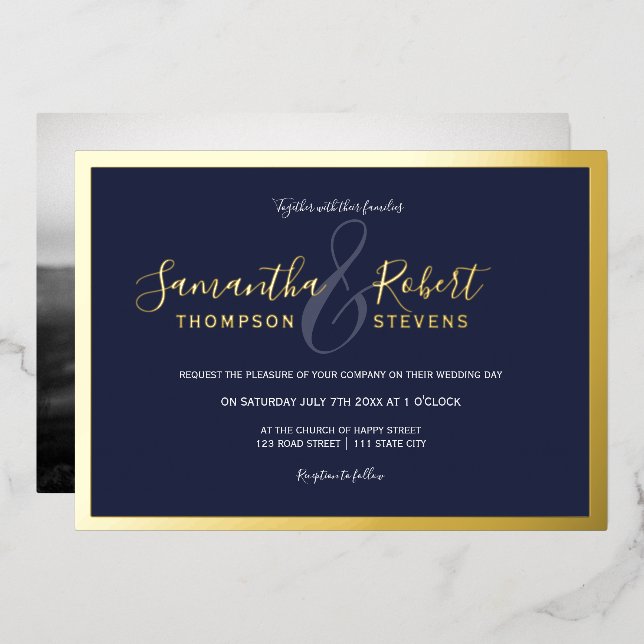 Script gold border navy blue photo wedding (Front/Back)