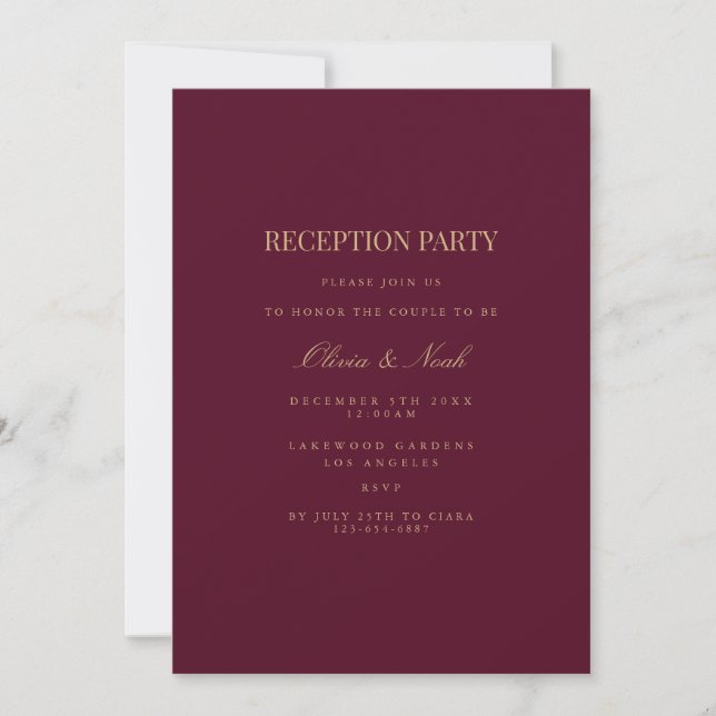 Script Gold & Burgundy Reception Invitation Card (Front)