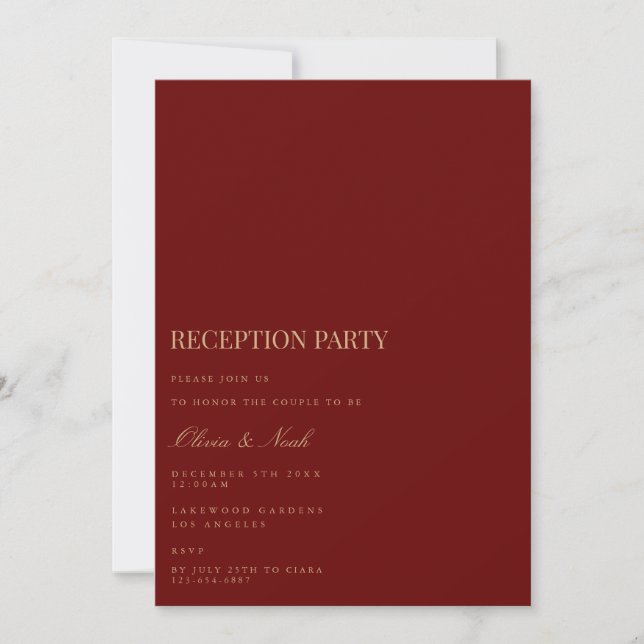 Script Gold & Deep Red Reception Invitation Card (Front)