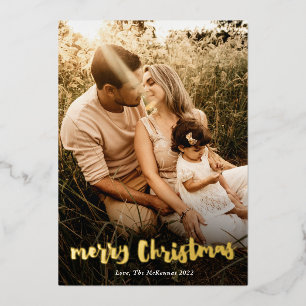 Script Gold Merry Christmas Portrait Photo Foil Holiday Card
