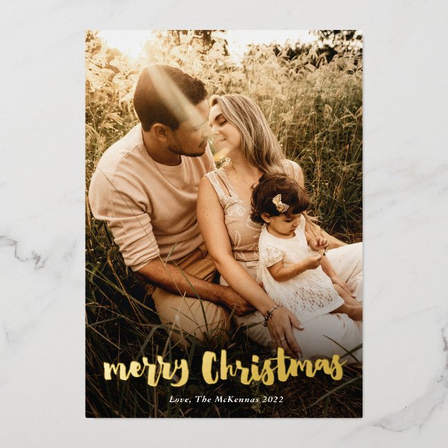 Script Gold Merry Christmas Portrait Photo Foil Holiday Card (Front)