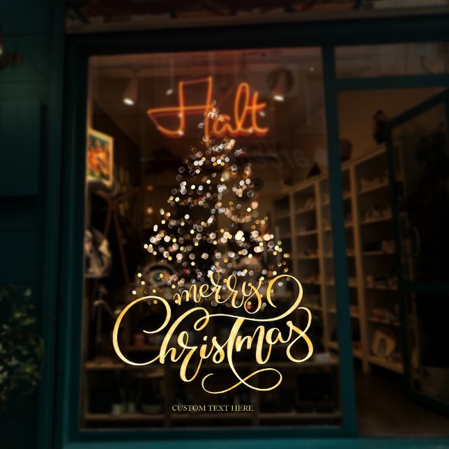 Script Gold Merry Christmas Tree Business Holiday Window Cling (Script Gold Merry Christmas Tree Business Corporate Entrance Window Cling)