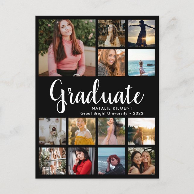 Script Graduate 13 Photo Collage Black Graduation Announcement Postcard (Front)