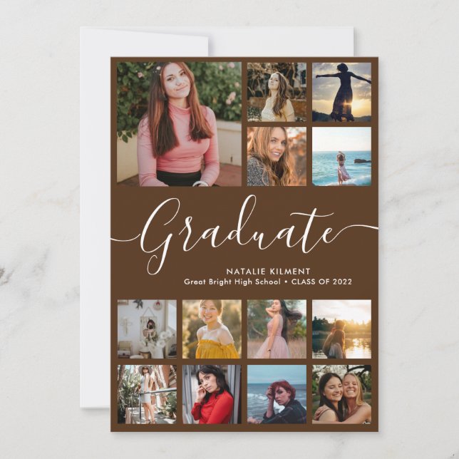 Script Graduate 13 Photo Collage Brown Graduation Announcement (Front)
