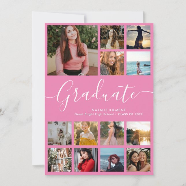 Script Graduate 13 Photo Collage Pink Graduation Announcement (Front)