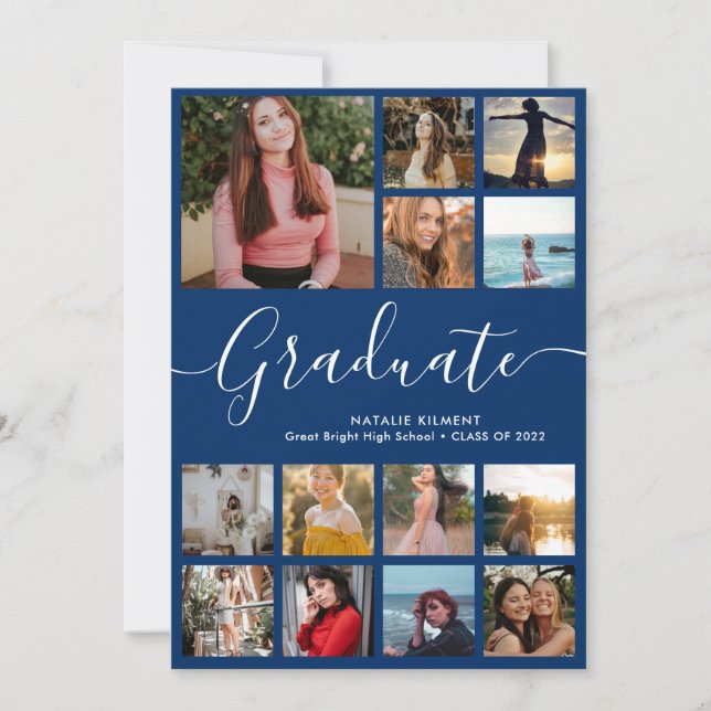 Script Graduate 14 Photo Collage Blue Graduation Announcement (Front)
