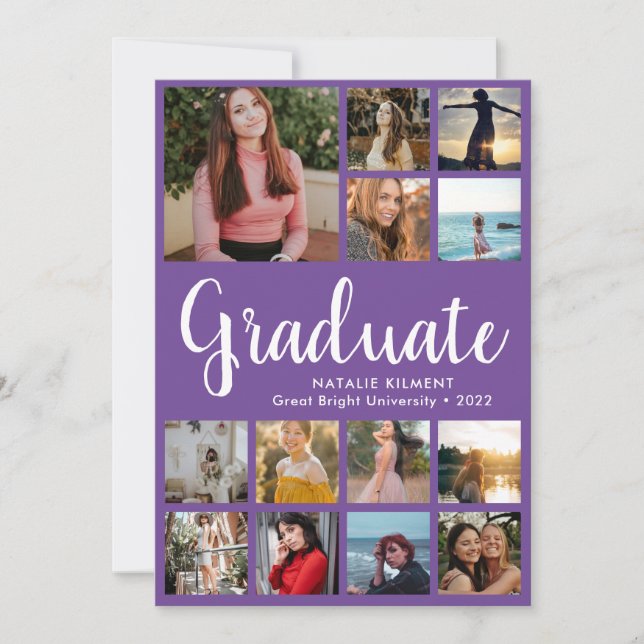Script Graduate 14 Photo Collage Purple Graduation Invitation (Front)