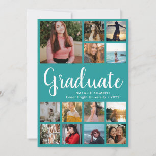 Script Graduate 14 Photo Collage Teal Graduation Invitation