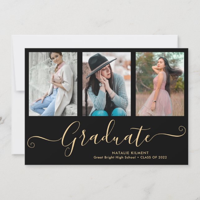 Script Graduate 3 Photo Collage Black Graduation Announcement (Front)