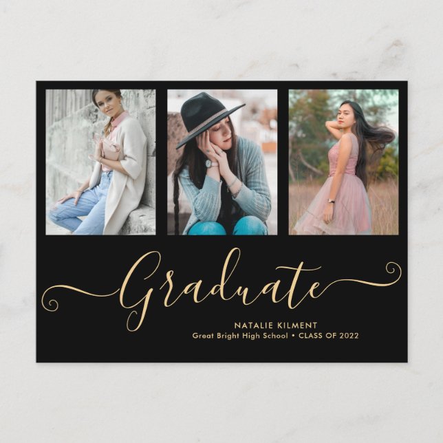 Script Graduate 3 Photo Collage Black Graduation Announcement Postcard (Front)