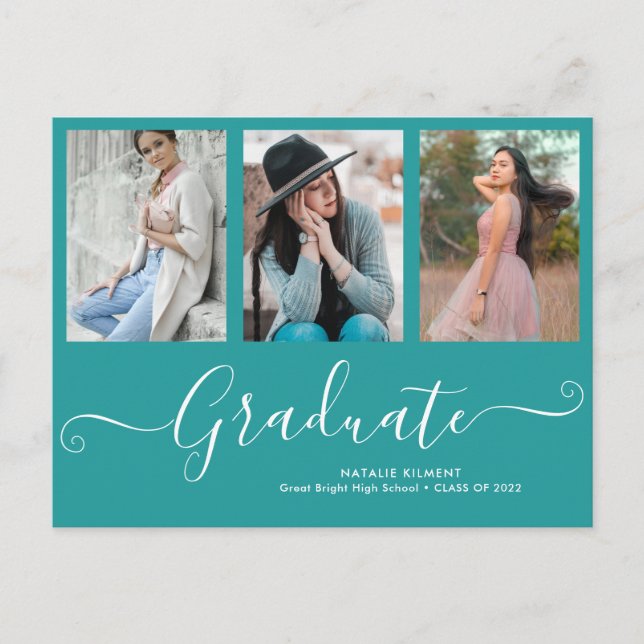 Script Graduate 3 Photo Collage Teal Graduation Announcement Postcard (Front)