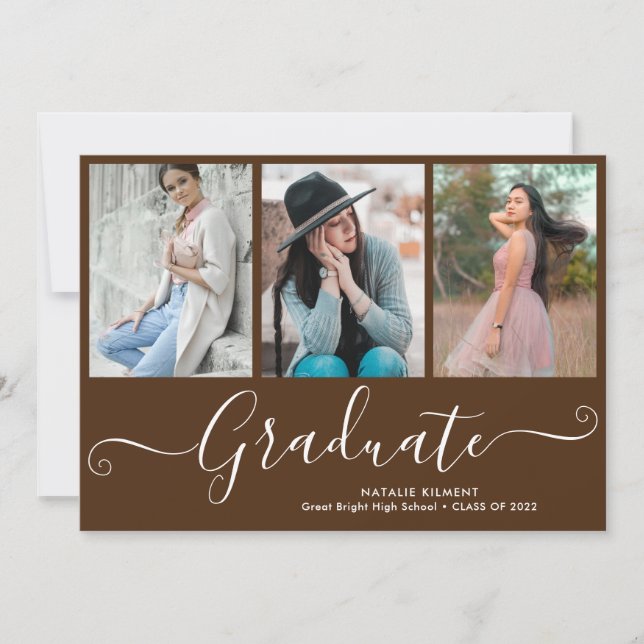 Script Graduate 4 Photo Collage Brown Graduation Invitation (Front)