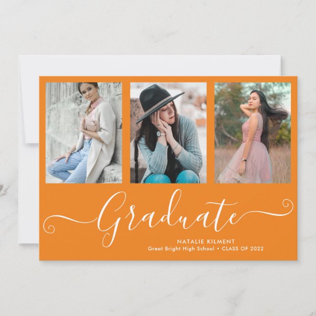 Script Graduate 4 Photo Collage Orange Graduation Invitation (Front)