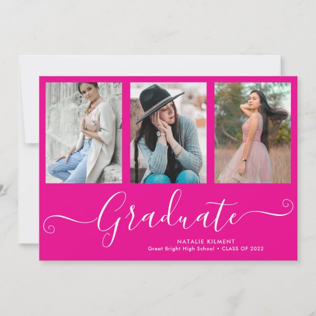 Script Graduate 4 Photo Collage Pink Graduation Invitation (Front)