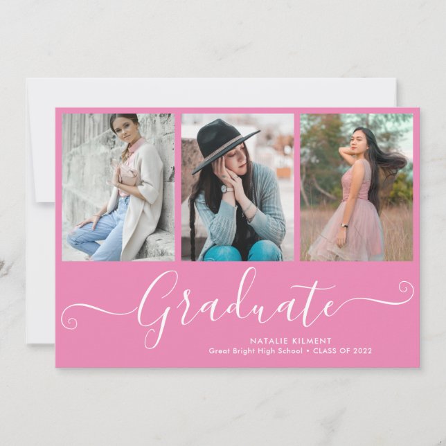 Script Graduate 4 Photo Collage Pink Graduation Invitation (Front)