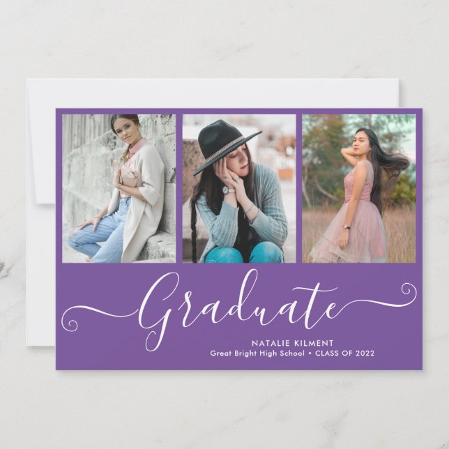 Script Graduate 4 Photo Collage Purple Graduation Invitation (Front)