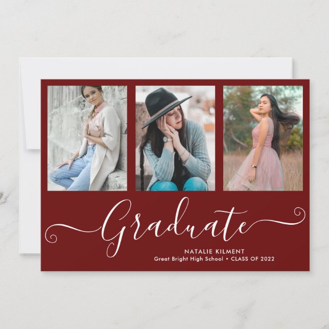 Script Graduate 4 Photo Collage Red Graduation Announcement (Front)