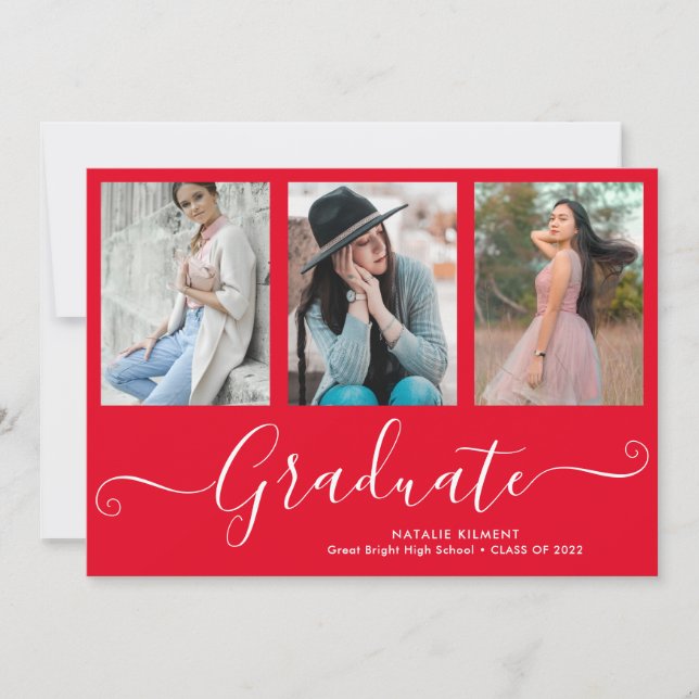 Script Graduate 4 Photo Collage red Graduation Announcement (Front)
