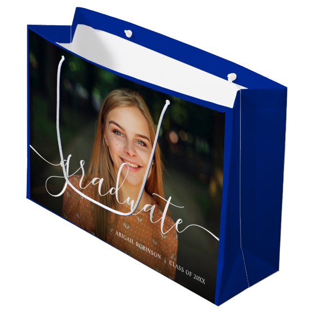 Script Graduate Graduation Photo Blue Large Gift Bag (Front Angled)