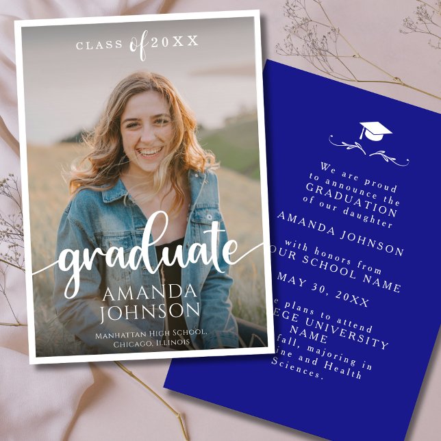  Script Graduate Navy Blue Photo Graduation Announcement (Creator Uploaded)