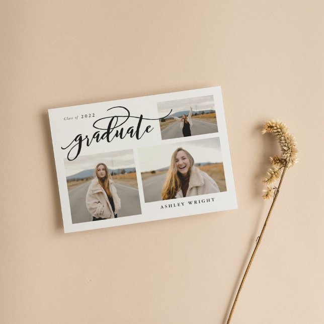 Script Graduation Simple 3 Photo Collage Party Invitation (Creator Uploaded)