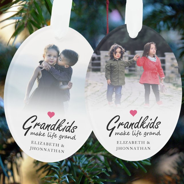 Script Grandkids make life grand Modern 2 Photo Ornament (Creator Uploaded)